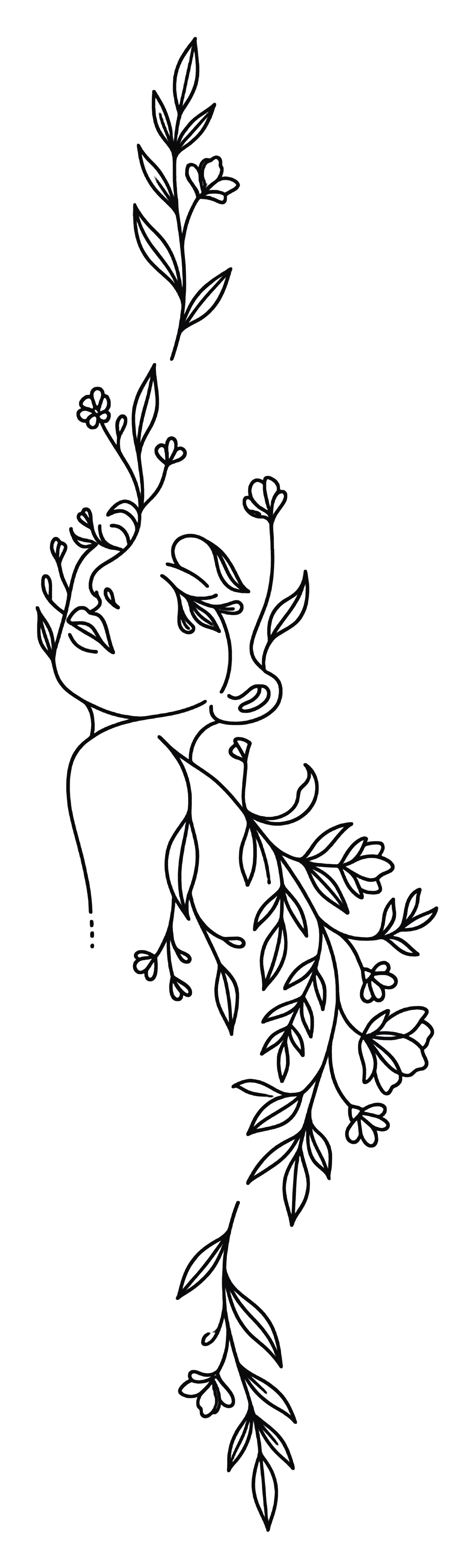 Fine-line floral tattoo design of a woman's face intertwined with flowering vines