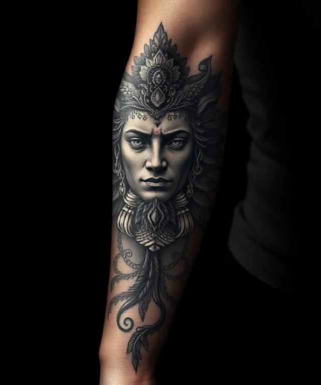 Black and grey warrior sleeve tattoo with smooth charcoal shading at XING Tattoo Studio, Bengaluru